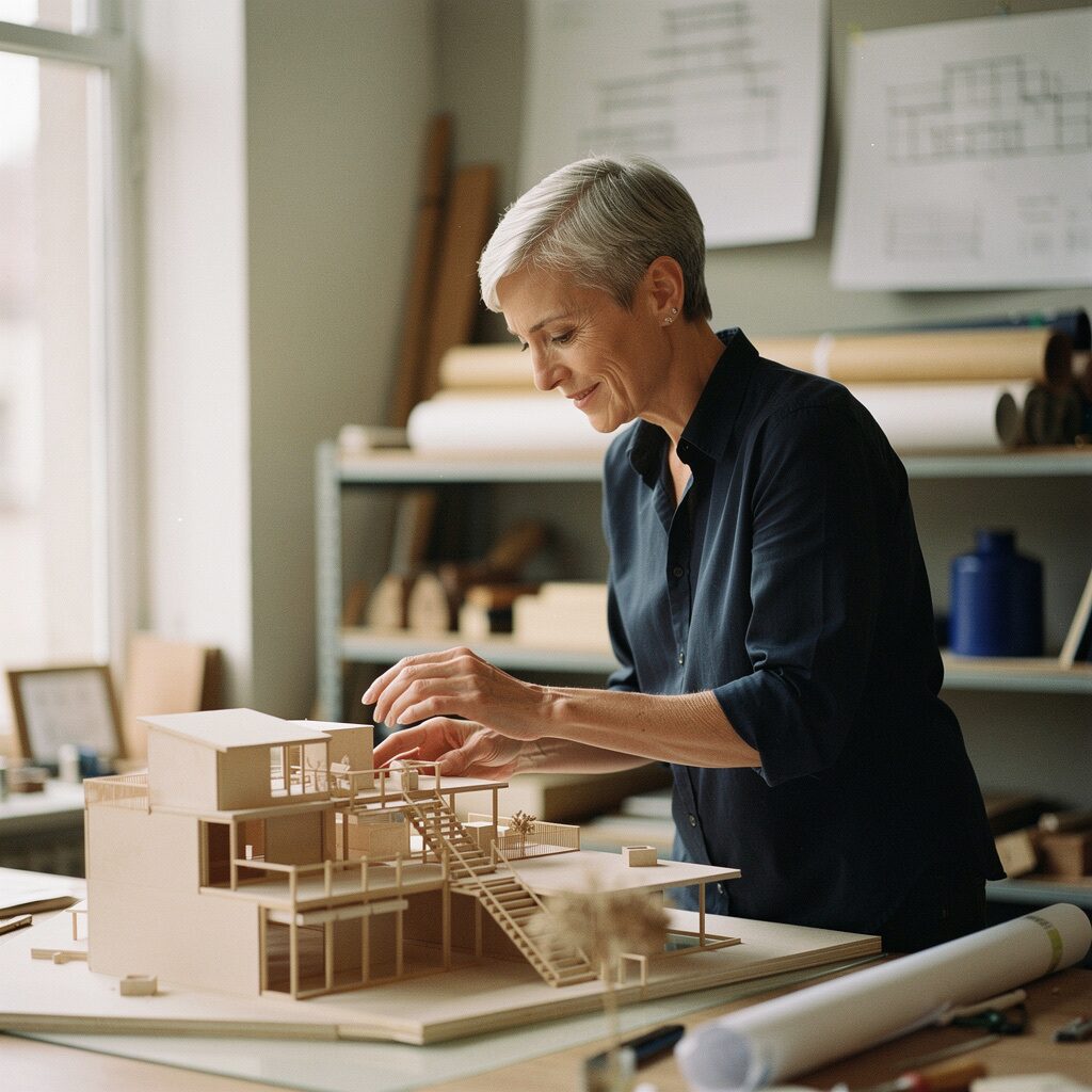 architect studying a balsa-wood model in her studio generated with Flux 2 Pro in Made