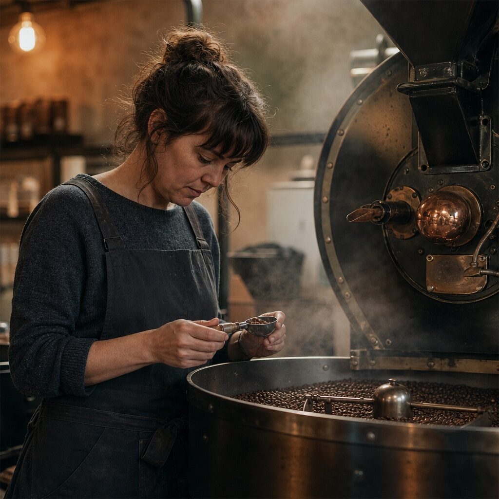 candid portrait of a coffee roaster at a drum roaster generated with GPT Image 2 in Made