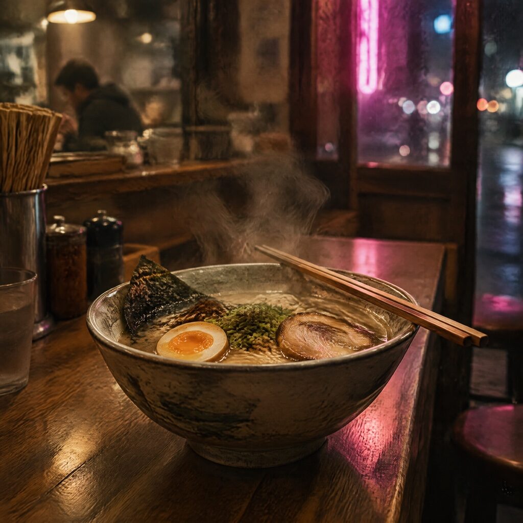 steaming ramen on a counter under neon light generated with GPT Image 2.5 Fast in Made