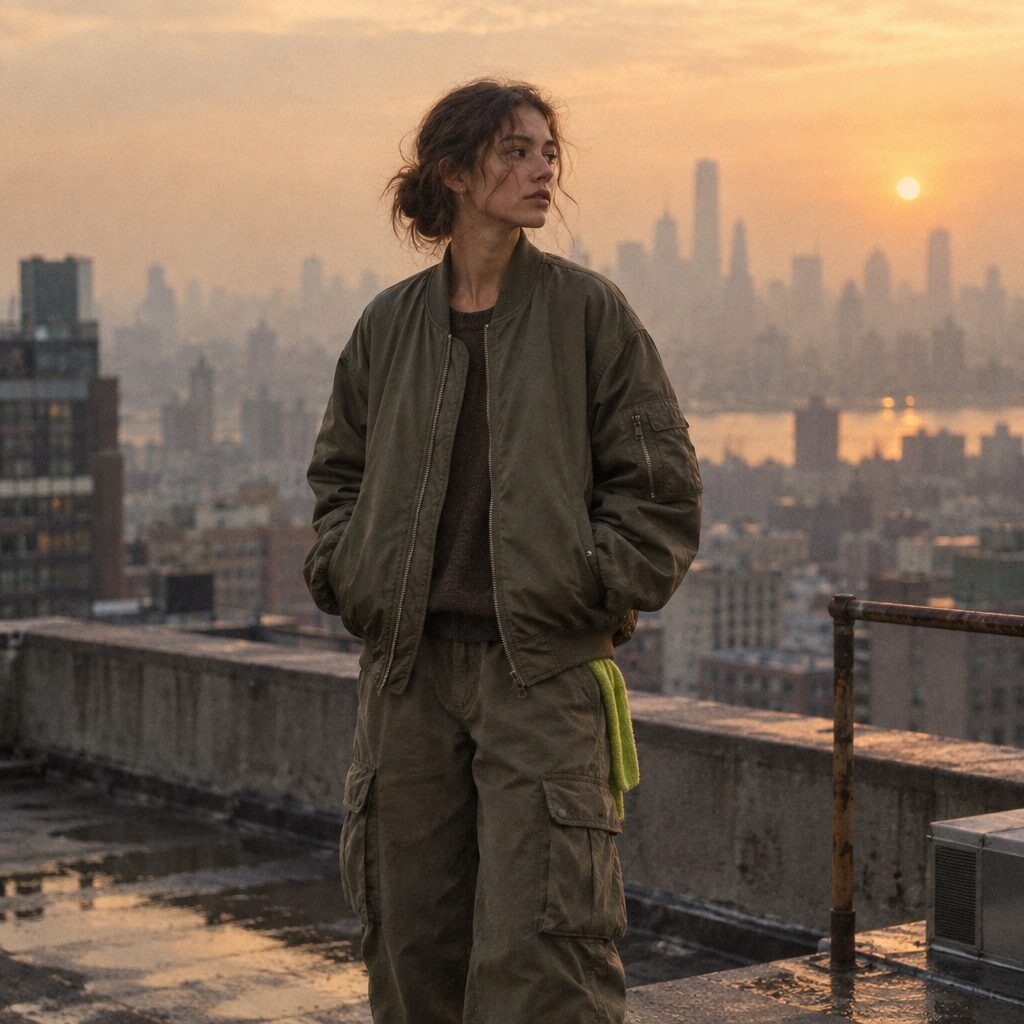 streetwear lookbook shot on a city rooftop generated with GPT Image 2.5 Flare in Made