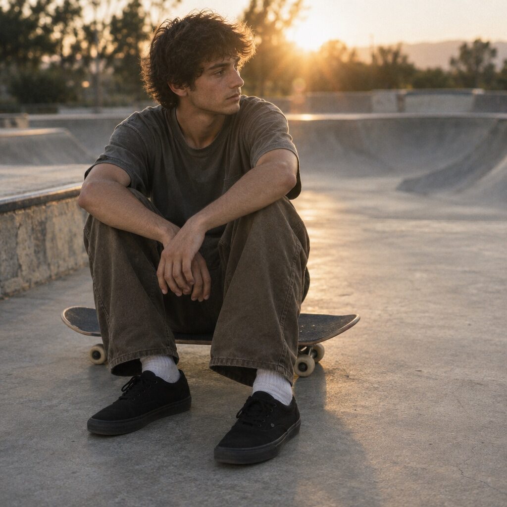 skater resting at an empty skatepark generated with GPT Image 2.5 Flare in Made