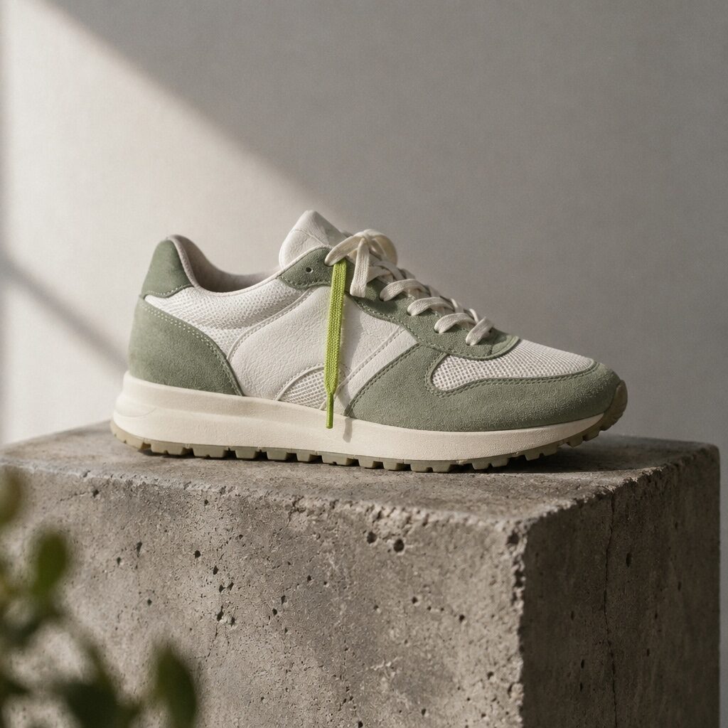 unbranded sneaker on a concrete plinth generated with GPT Image 2.5 Flare in Made