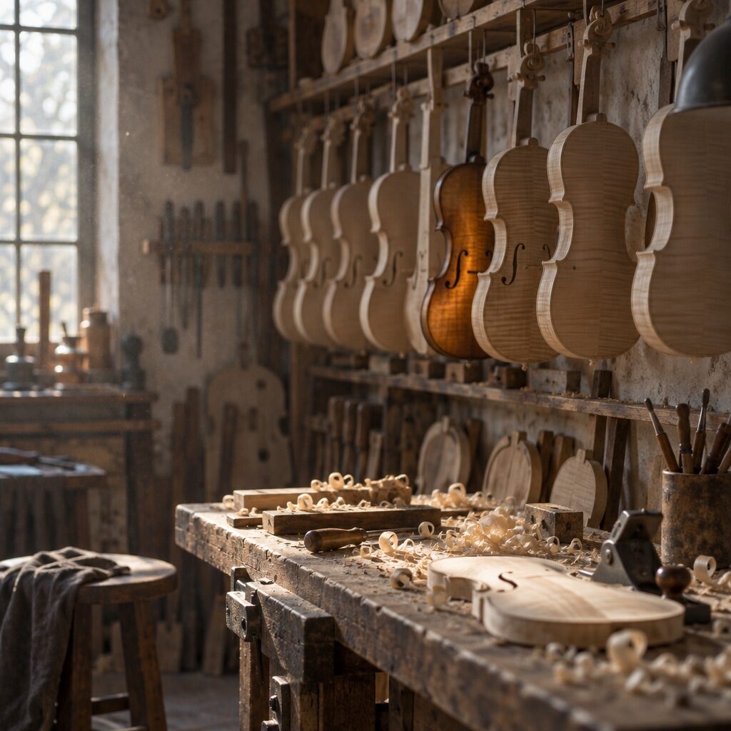 luthier workshop with hanging violin bodies generated with GPT Image 2.5 Sunburst in Made