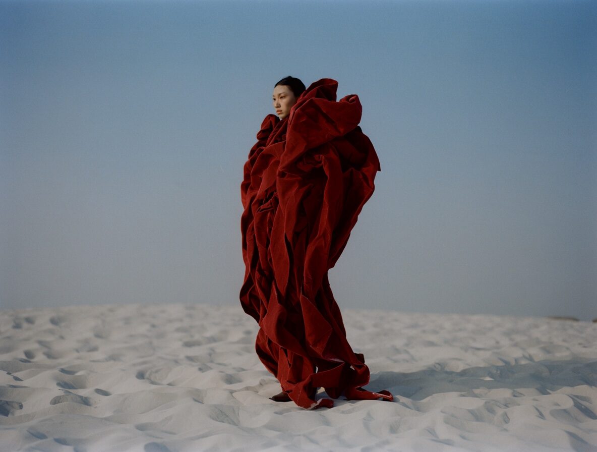 An editorial photo of a model wrapped in red fabric on white dunes, made with Krea 2 in Made