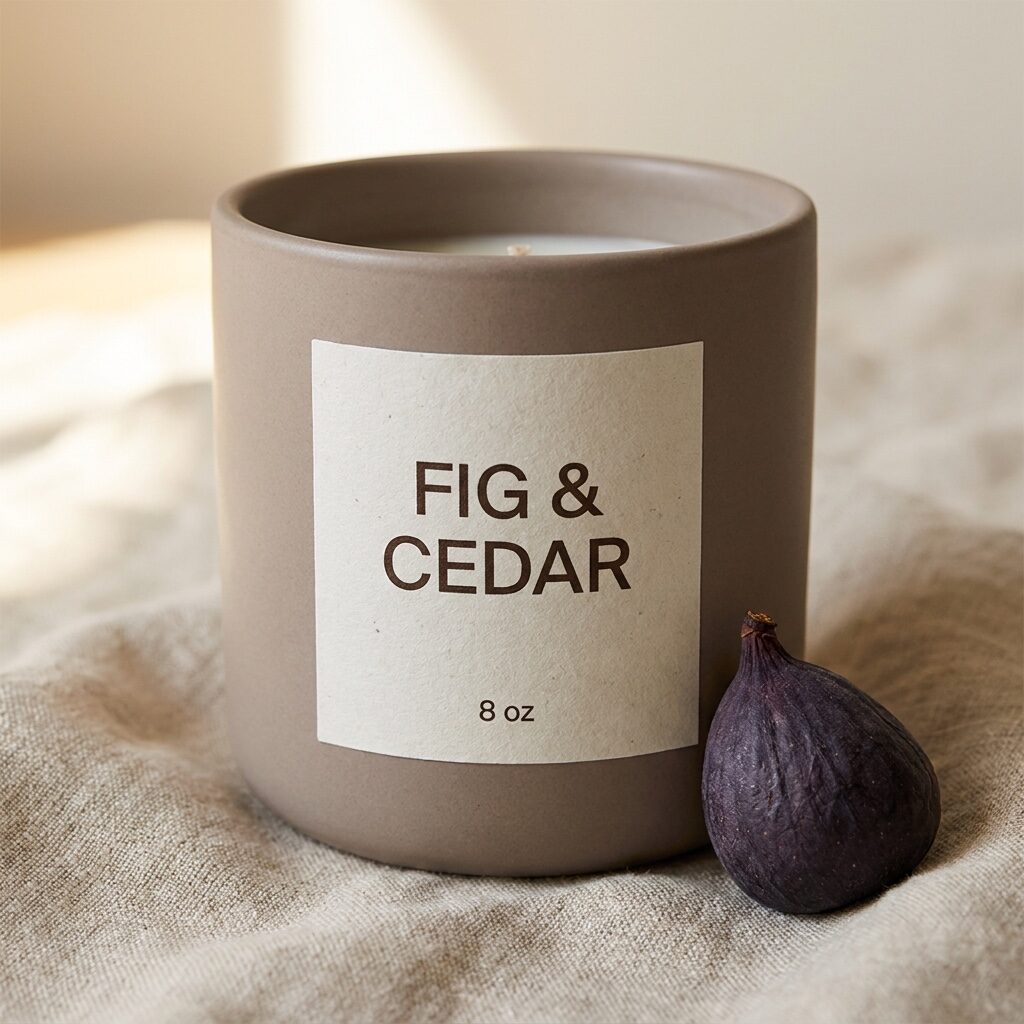 candle jar with a legible Fig & Cedar label generated with Nano Banana Pro in Made