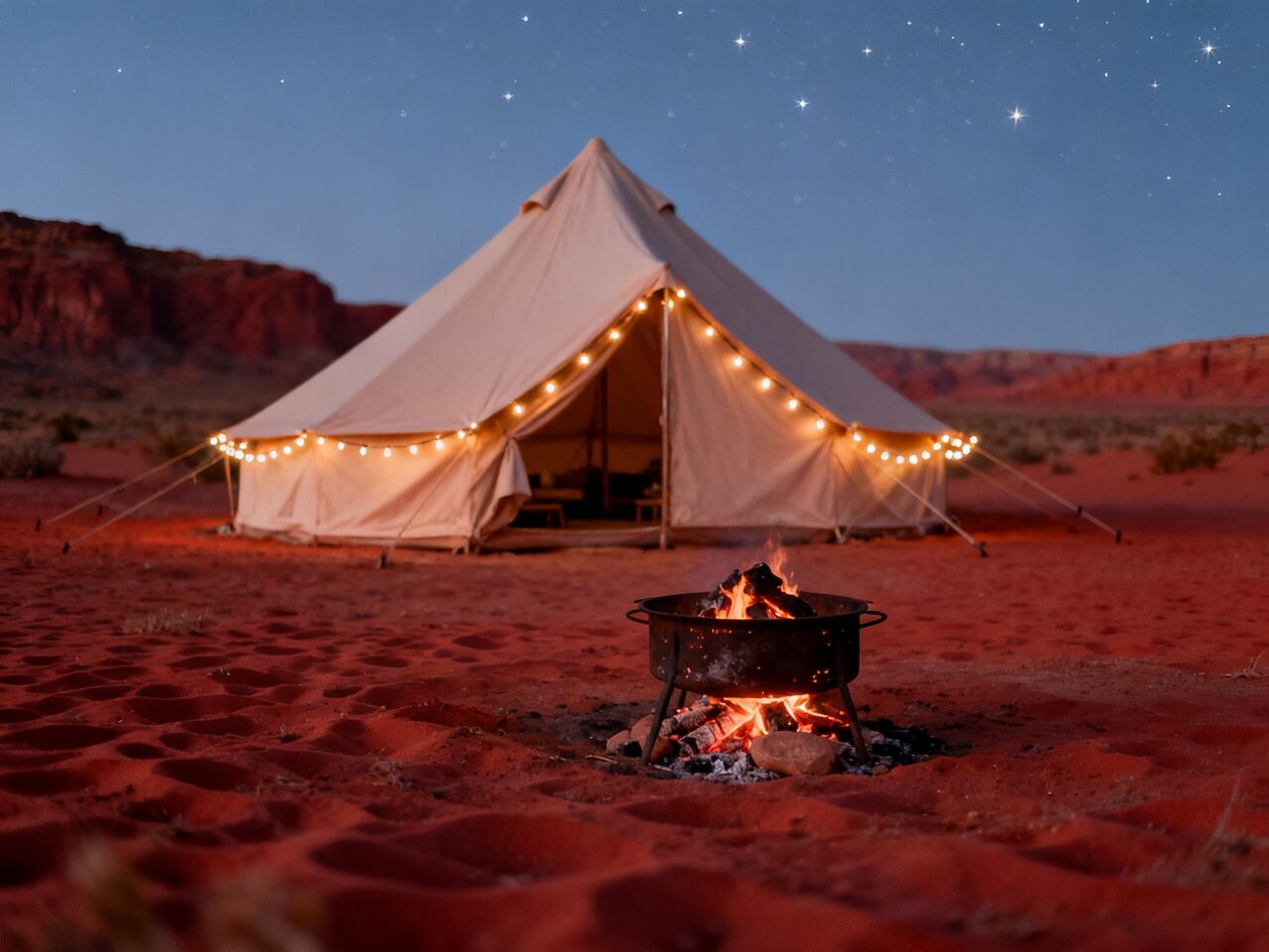 glamping tent in a red desert at twilight generated with Seedream 4.0 in Made