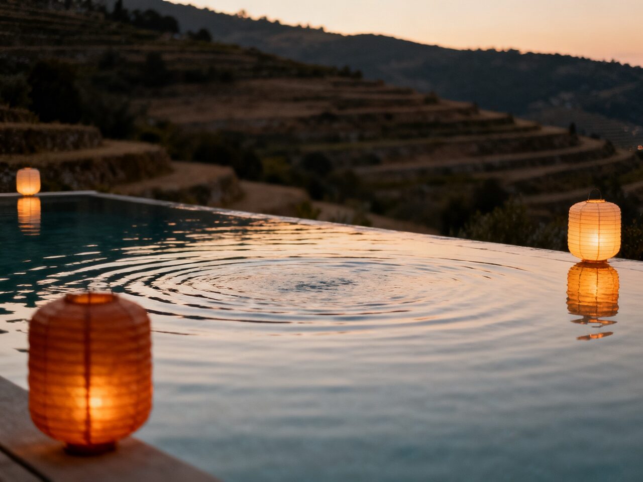 infinity pool at dusk over terraced hills generated with Seedream 4.0 in Made