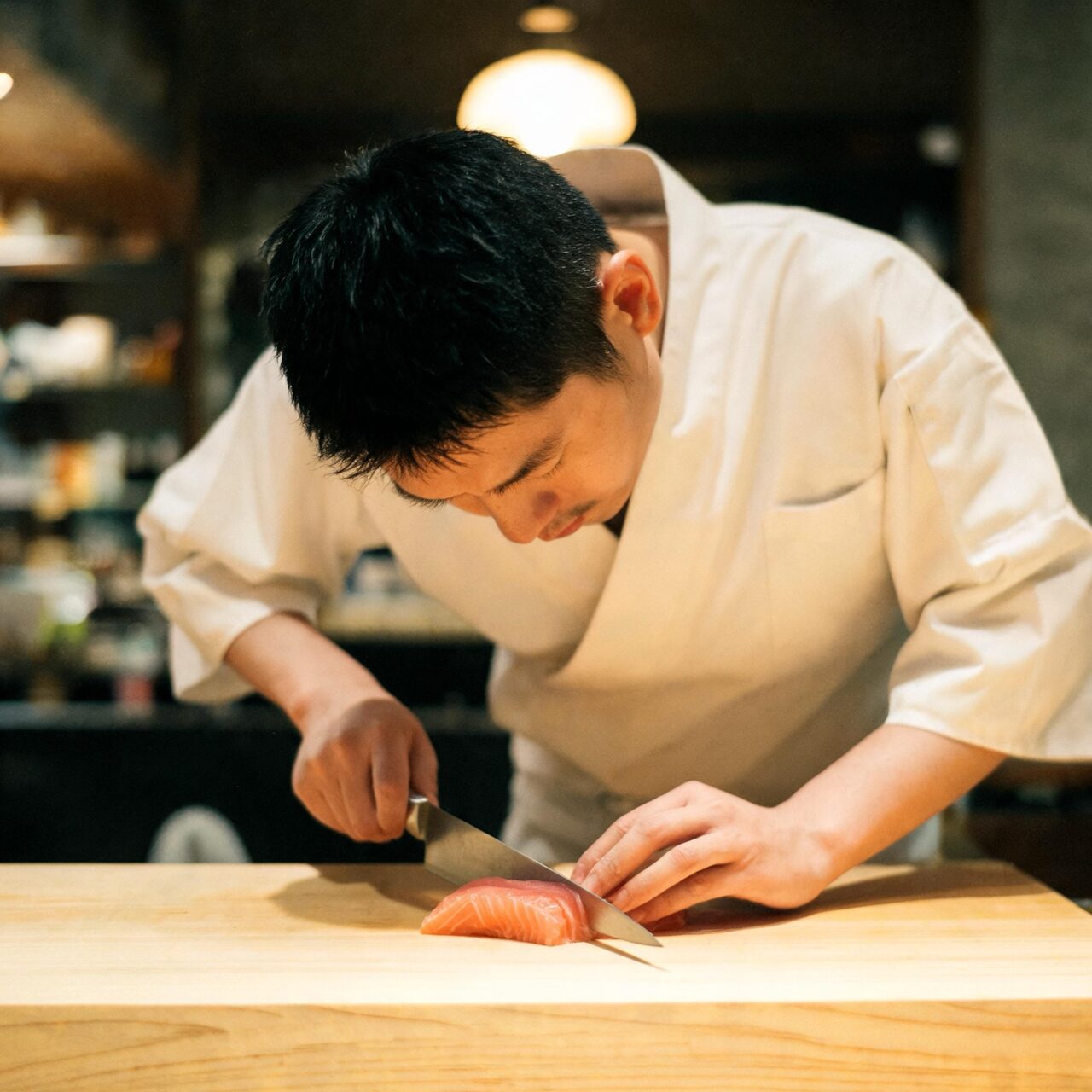 sushi chef slicing fish at a counter generated with Seedream 5 Lite in Made