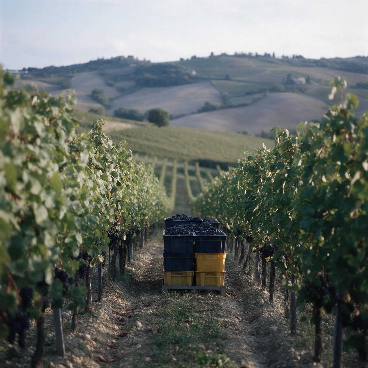 vineyard rows at harvest with grape crates generated with Seedream 5 Pro in Made