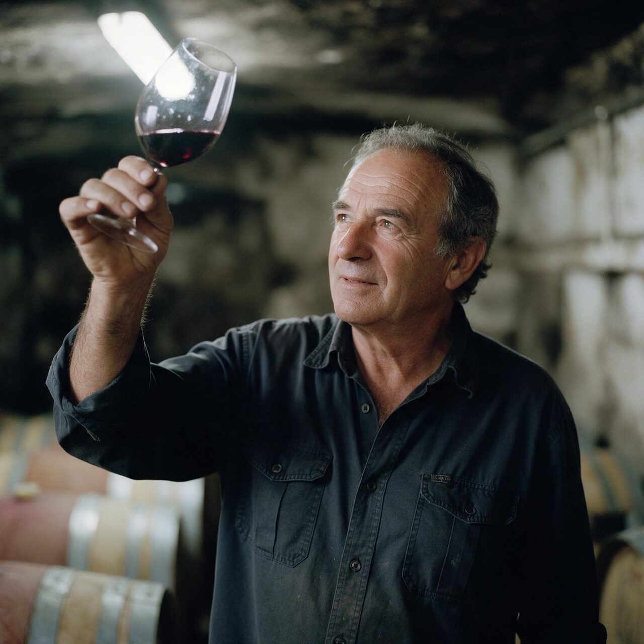 winemaker raising a glass of red to the cellar light generated with Seedream 5 Pro in Made