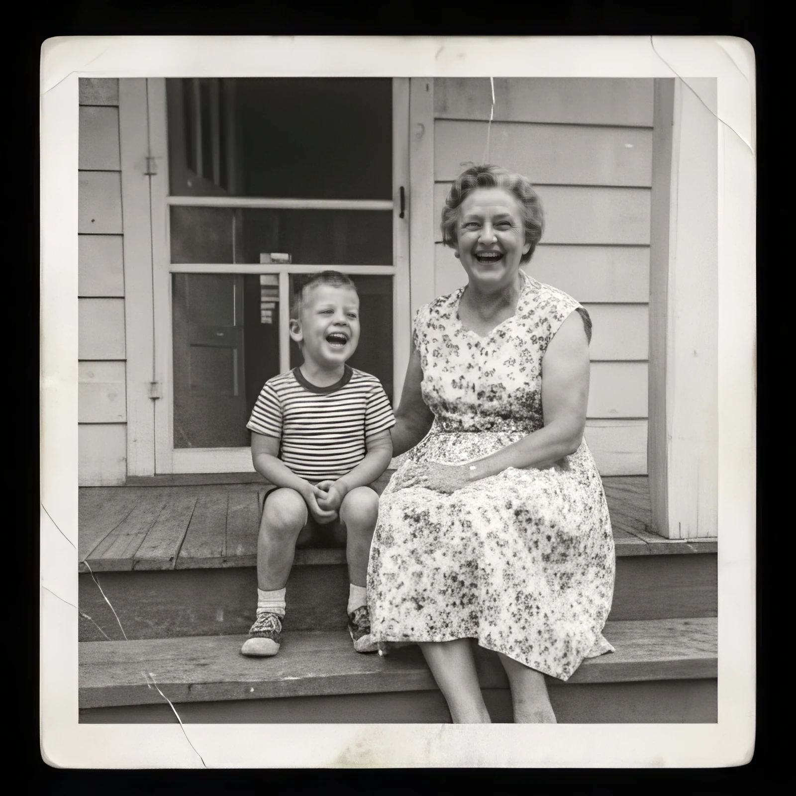 A small, soft old family photo, and the same photo sharp and enlarged after the Image Upscaler