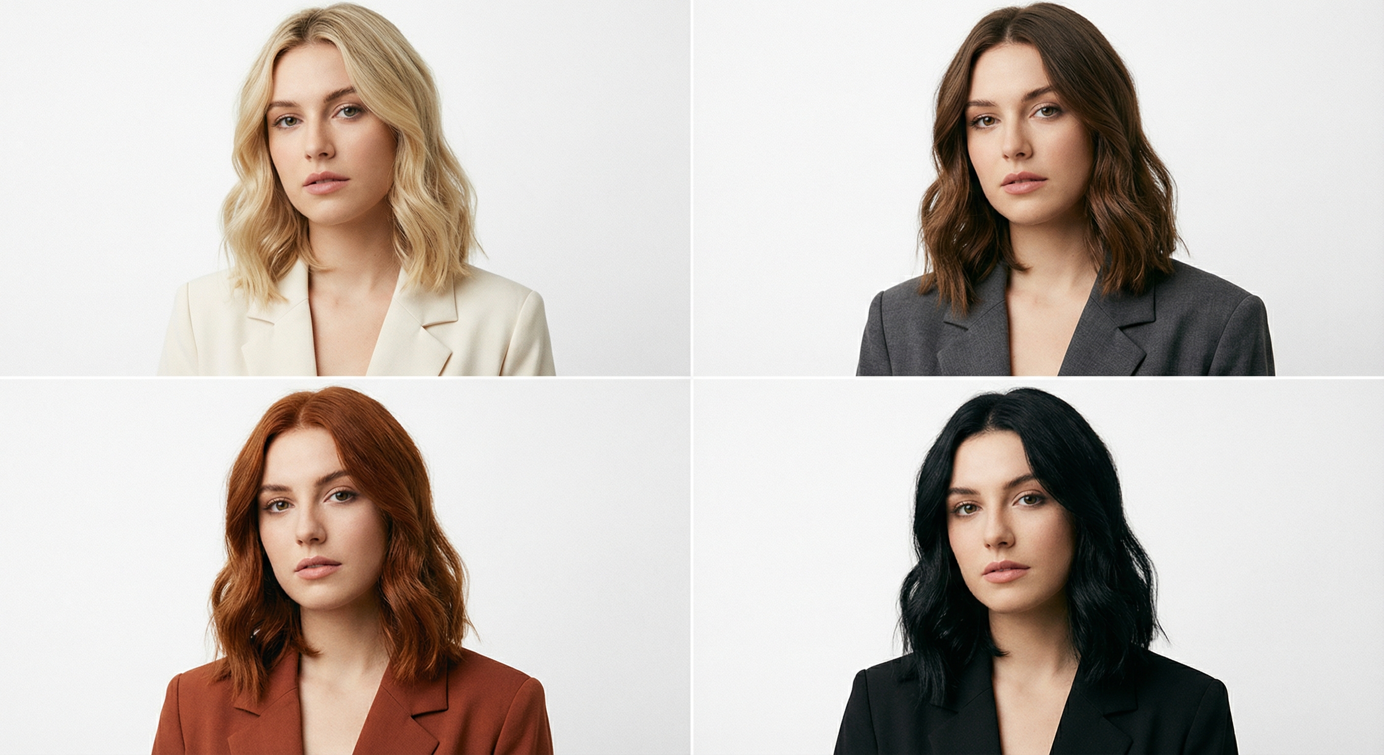 The same portrait in blonde, brunette, copper and black hair