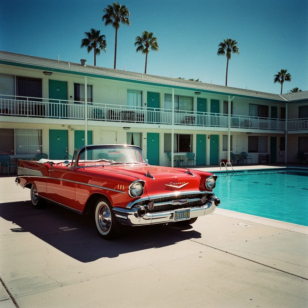 A red convertible beside a motel pool, made by FLUX 2 Pro
