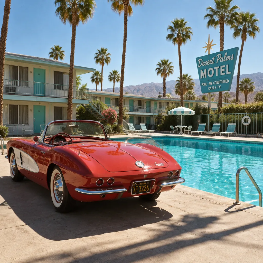A red convertible beside a motel pool, made by GPT Image 2.5 Flare