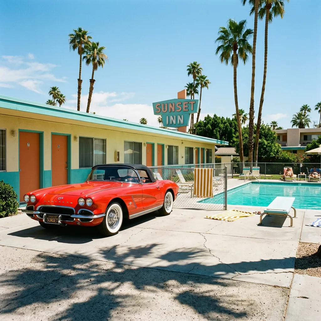 A red convertible beside a motel pool, made by Nano Banana 2