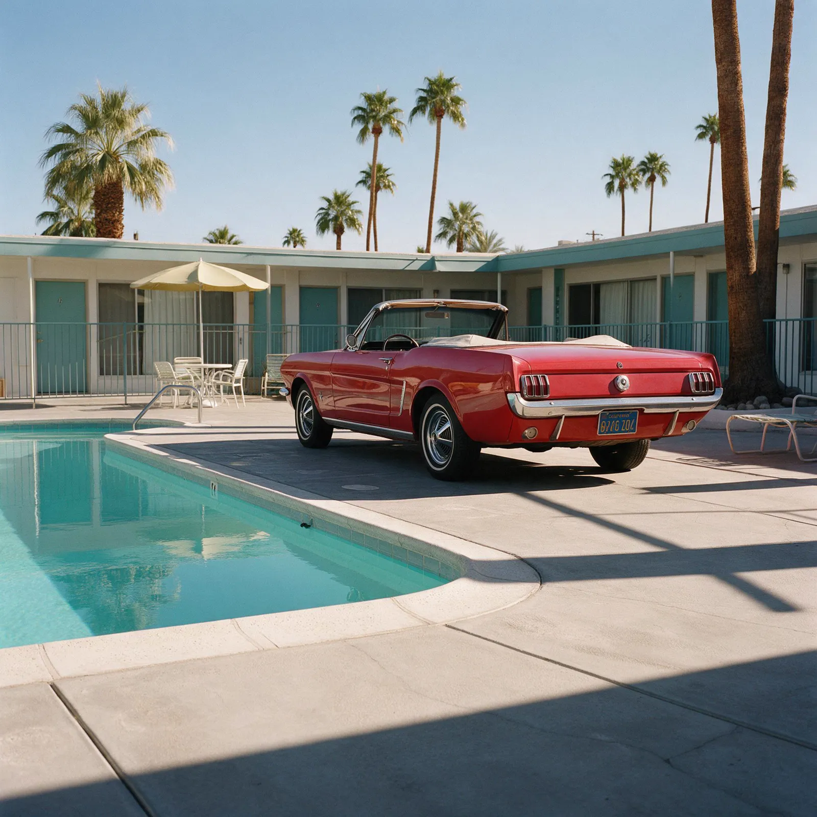 A red convertible beside a motel pool, made by Seedream 5 Pro