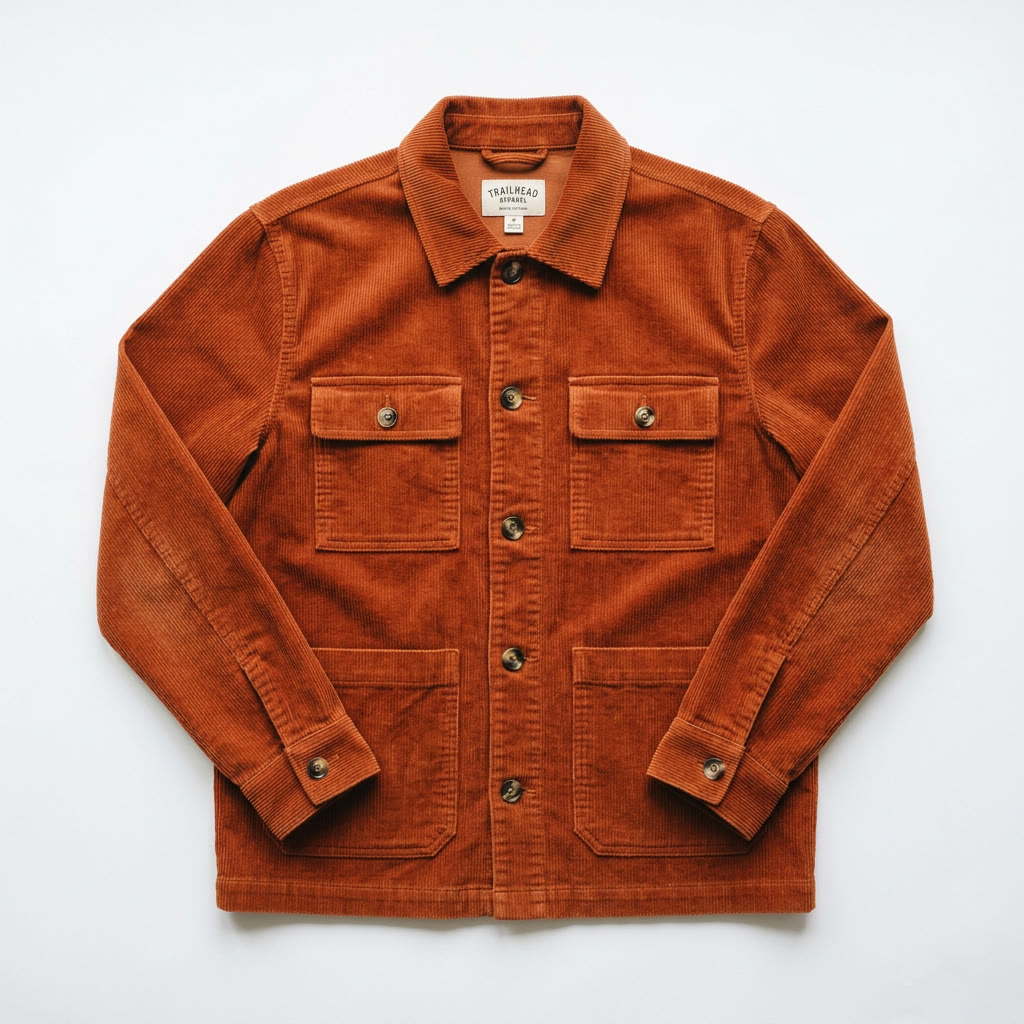 A rust corduroy jacket on a white background