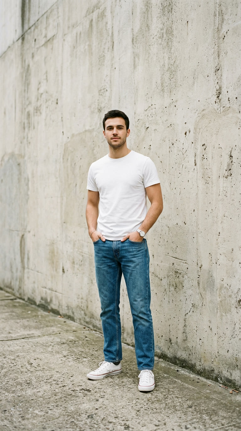 A man in a white t-shirt and jeans against a concrete wall