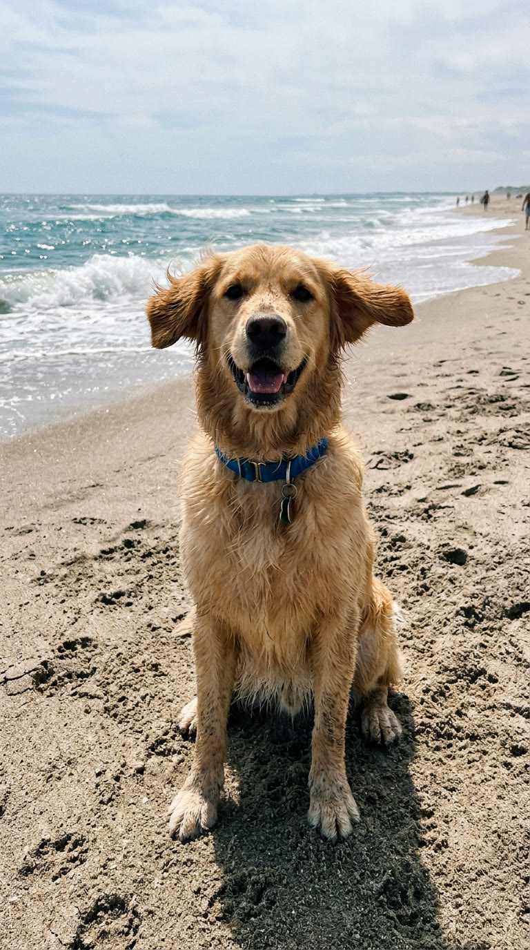A golden retriever sitting on a beach