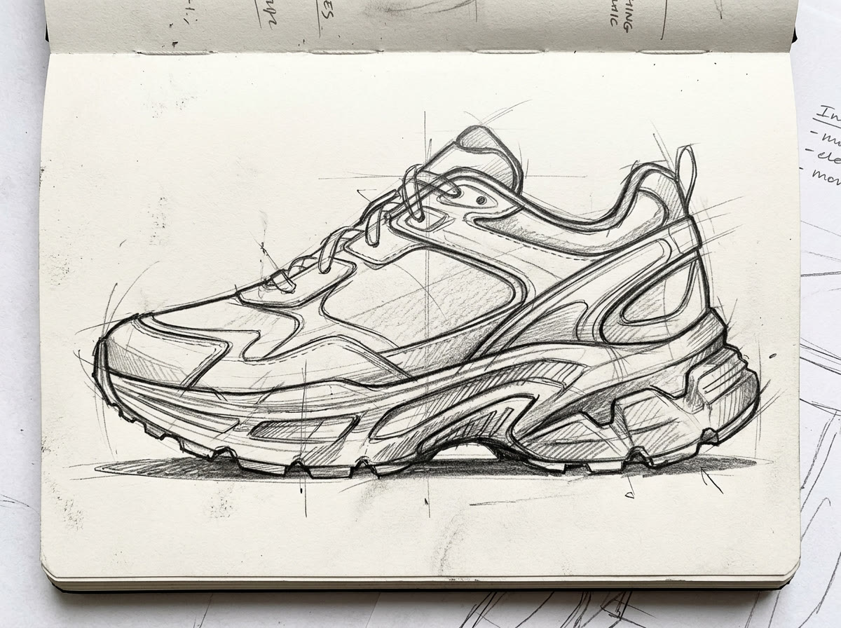 A pencil sketch of a chunky sneaker