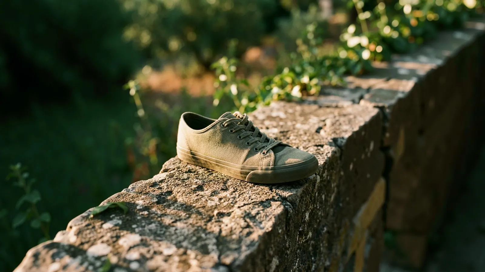 A sneaker product photo on a stone wall expanded into a 16:9 banner