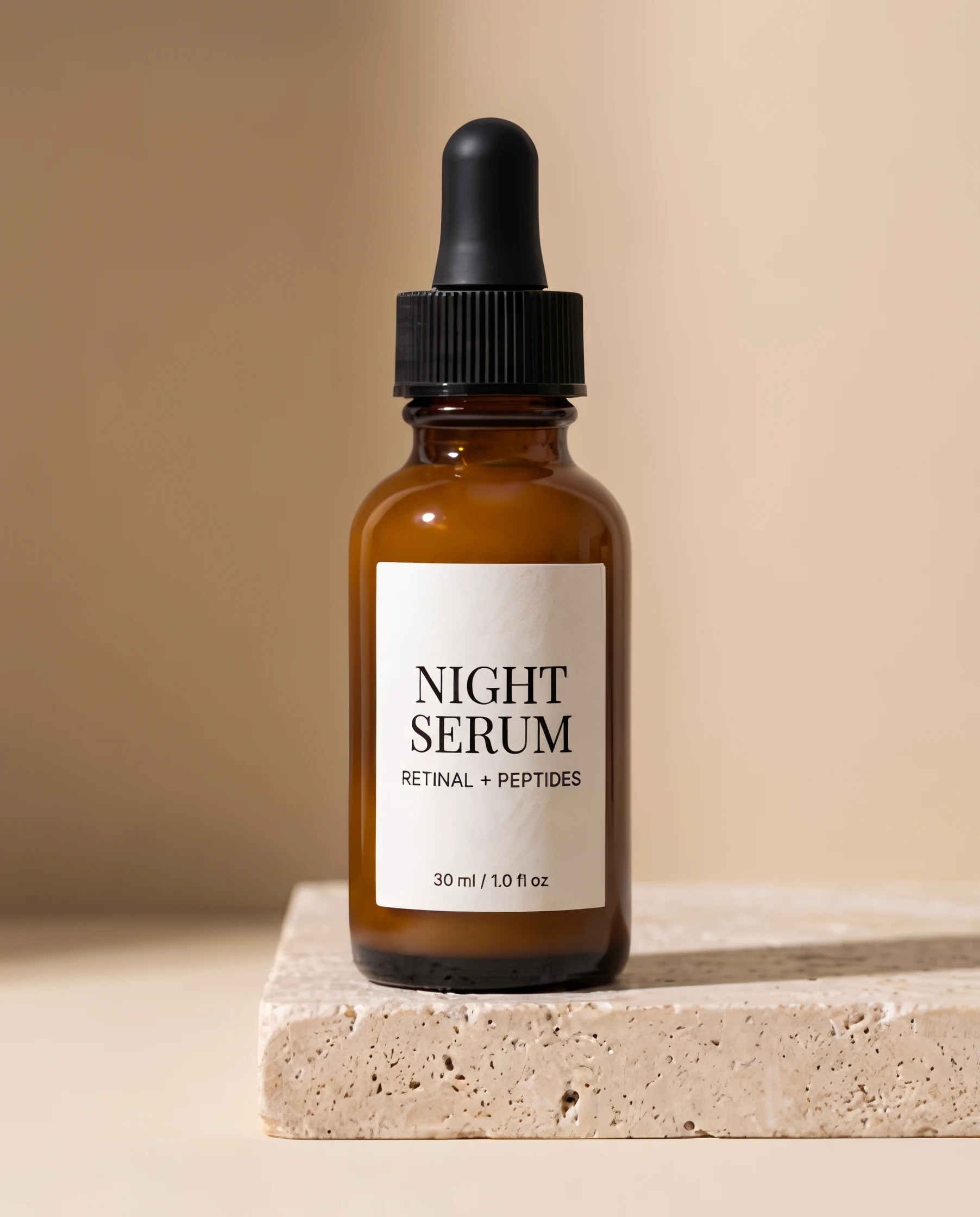 An amber serum bottle whose label reads Night Serum, Retinal + Peptides, 30 ml, upscaled 4×